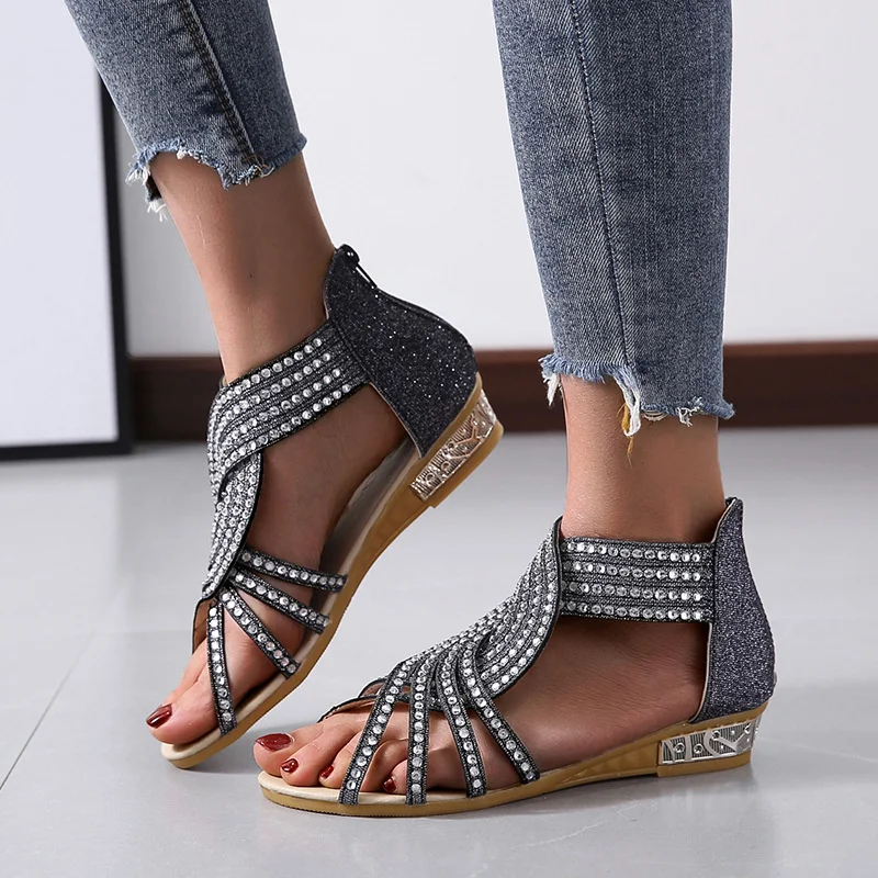 

Summer 2023 Large Open Sequin Metal Diamond Toe Wedge Heel Women's Sandals New Flat Bottom Hollow Out Roman Sandals Women's