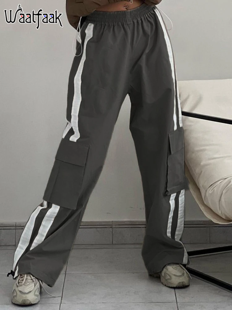 

Waatfaak Oversized Patchwork Pockets Gorpcore Pants Cargo Striped Baggy Streetwear Hip Hop Parachute Pants Women Black Harajuku