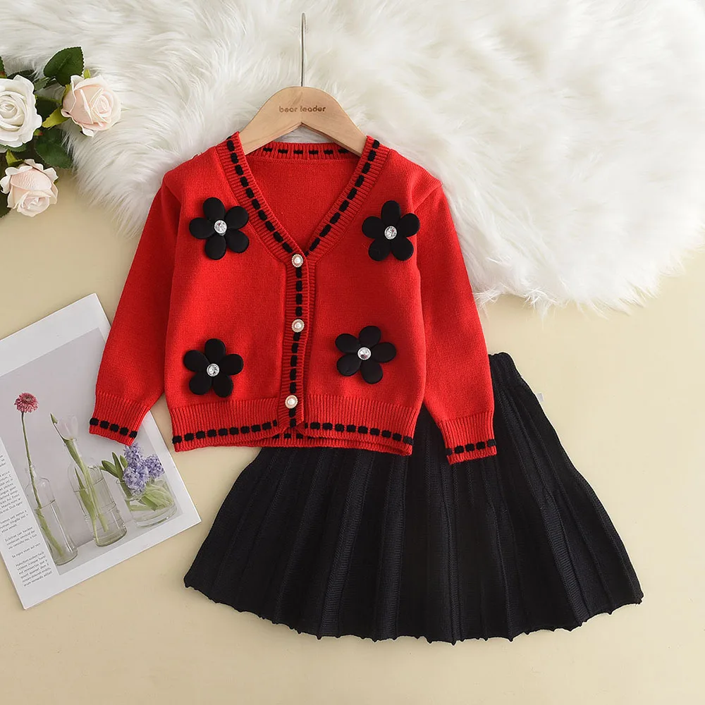 Melario Floral Baby Girl Clothes Set Autumn Winter New Fashion Sweater Suit Cute Bow Knitted Two-piece 3-7Y Kids Clothing Suit