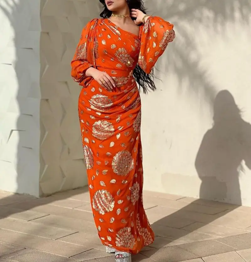 PLEINDI Bohemian Evening Dresses One-Shoulder Long Sleeves Mermaid Ankle-Length Chiffon 2022 New of Embroidery Boho Women Dress