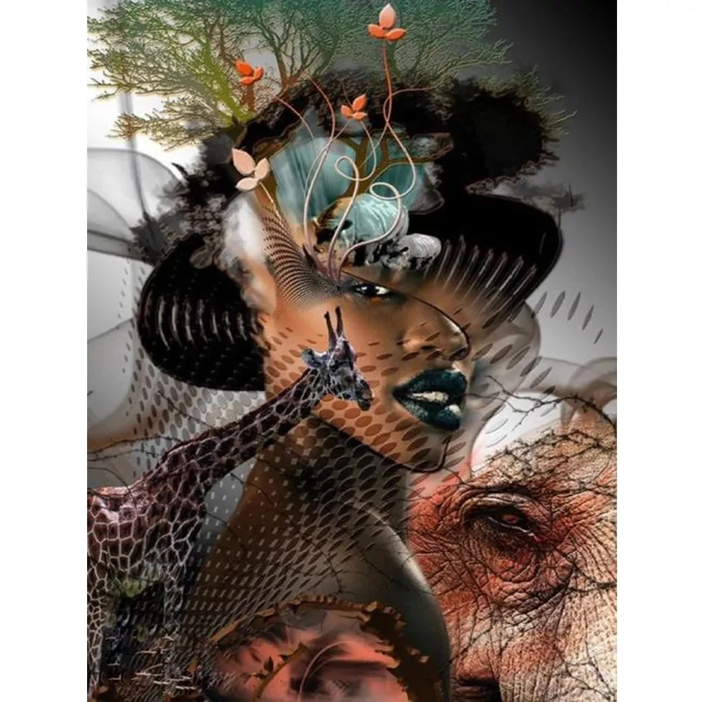 

Полноразмерные Квадратные кристаллические картины, современное искусство, африканская черная женщина, зеленые листья, алмазная вышивка, п...