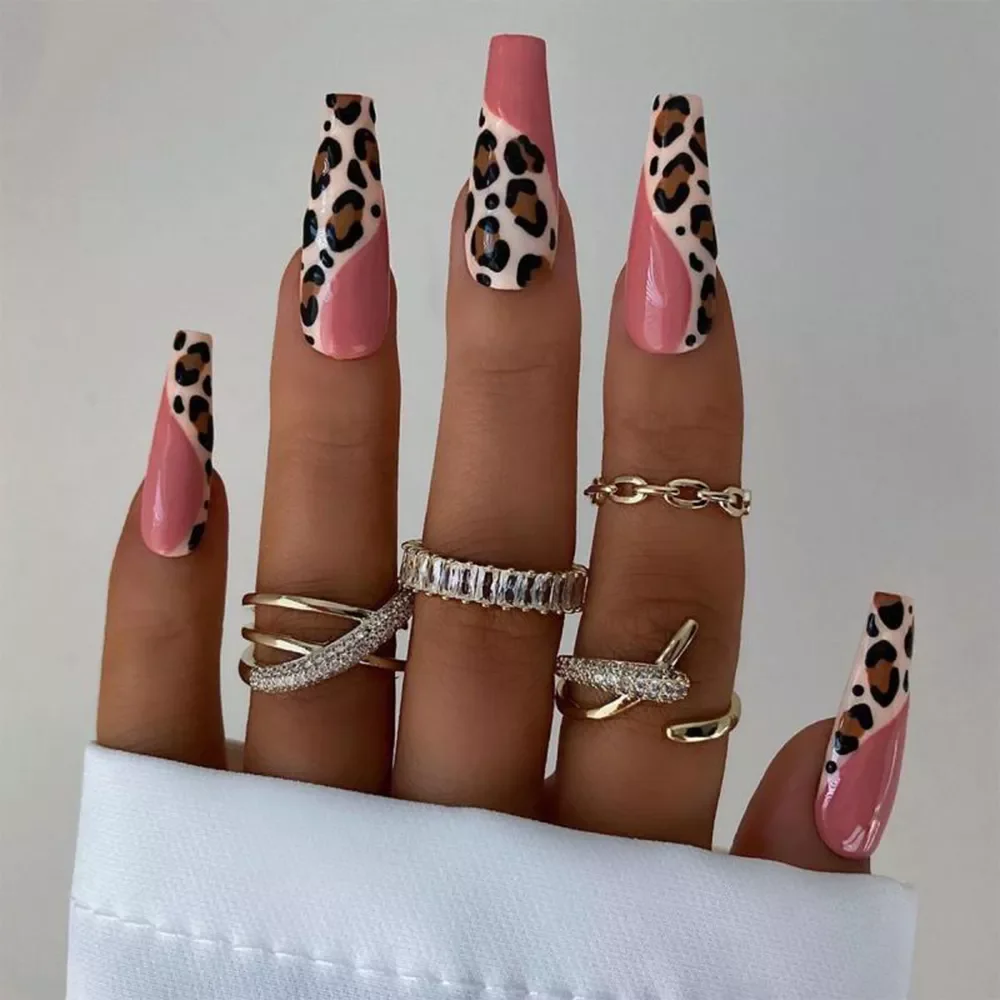 

NEW2023 Leopard Wave Designs False Nails French Long Coffin Fake Nail Fashion Artificial Full Cover Nail Art Tips Press on Nail