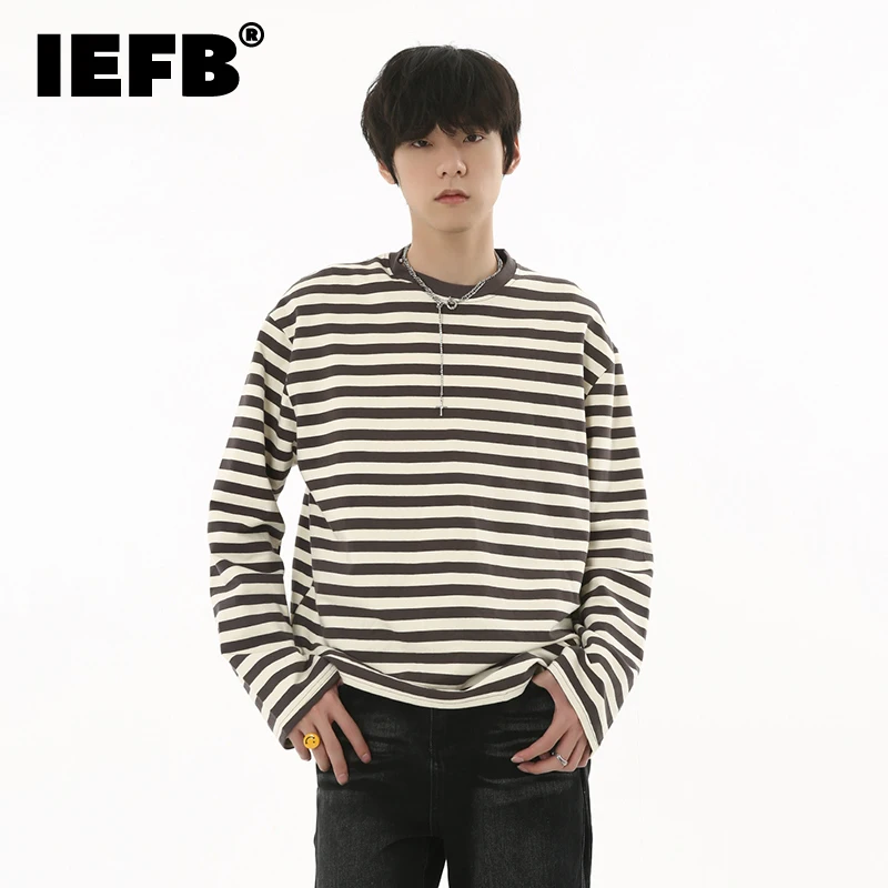 

IEFB Men's Long Sleeve T-shirts 2023 Autumn New Stripe Contrast Color Casual Tops Loose Pullover Tee Korean Style Trend 9C1743