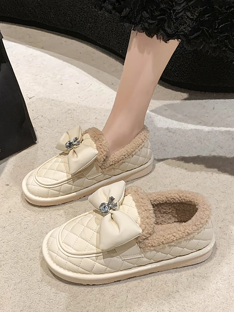 

Winter Shoes Women Loafers Fur Slip-on Female Footwear Round Toe Modis Low Heels Bow-Knot New Slip On Dress 2023 Butterfly Snow
