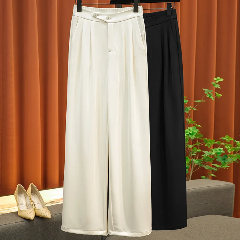 Casual High Waist Belly Pleated Half Elastic Micro Wide Leg Pants Female Commuter Simple Solid Color Trouser Slim Women Clothing