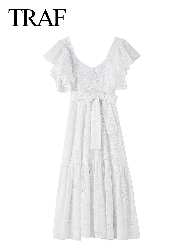 

TRAF Pure White Elegant Cotton Skin-Friendly Comfortable Lady Dress Hollow Lace Flying Sleeves Women One Piece Long Dress