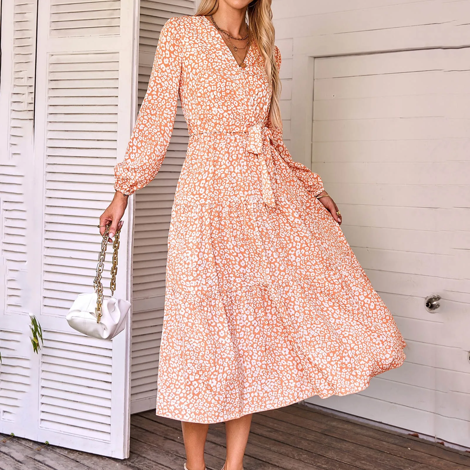 

Summer Dresses for Women Women's Long Sleeve Casual Waist Bound Printed Dress Dress Loose Casual Dress