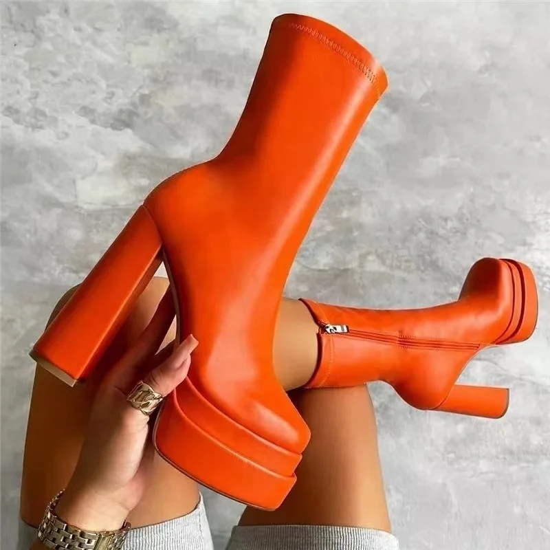 2022 Sexy Chunky High Heels Ankle Shoes for Women Punk Style Zipper Thick Platform Elasticity Microfiber Boots Sapatos Femininos