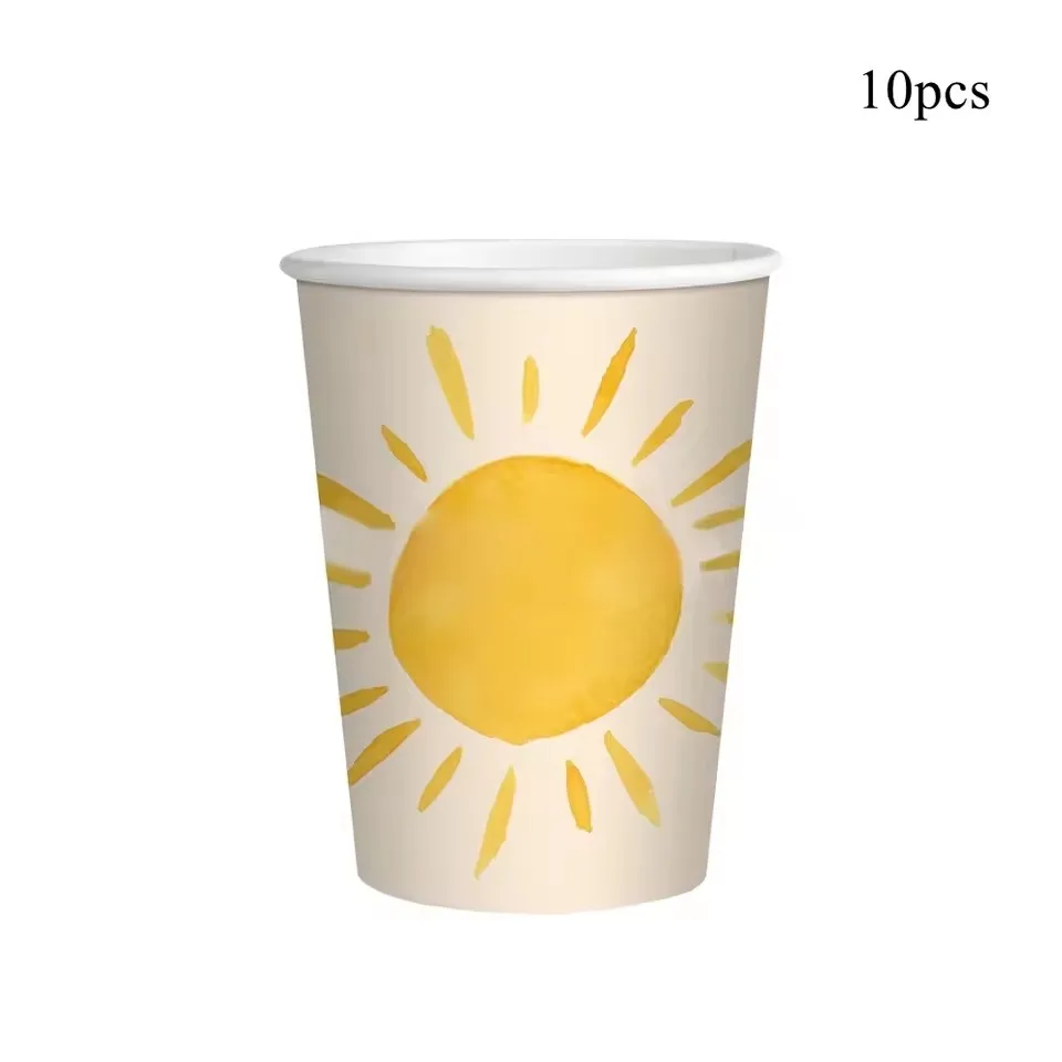 Тема солнца, искусственная одноразовая посуда, бумажные салфетки, чашки, тарелки, скатерти, солома