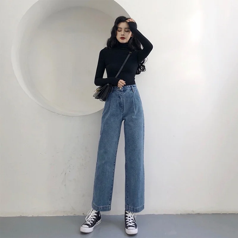 Casual Loose Straight Jeans with Free Bottoming-shirt 2023 Women Korean Fashion High Waist Denim Pant Summer Trousers Streetwear