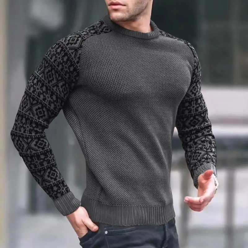 

Top Sleeve American Pullover Waffle Multicolor Men's European Neck Fashion Slim Knit Round And Sweater Knitted Long Winter Men's