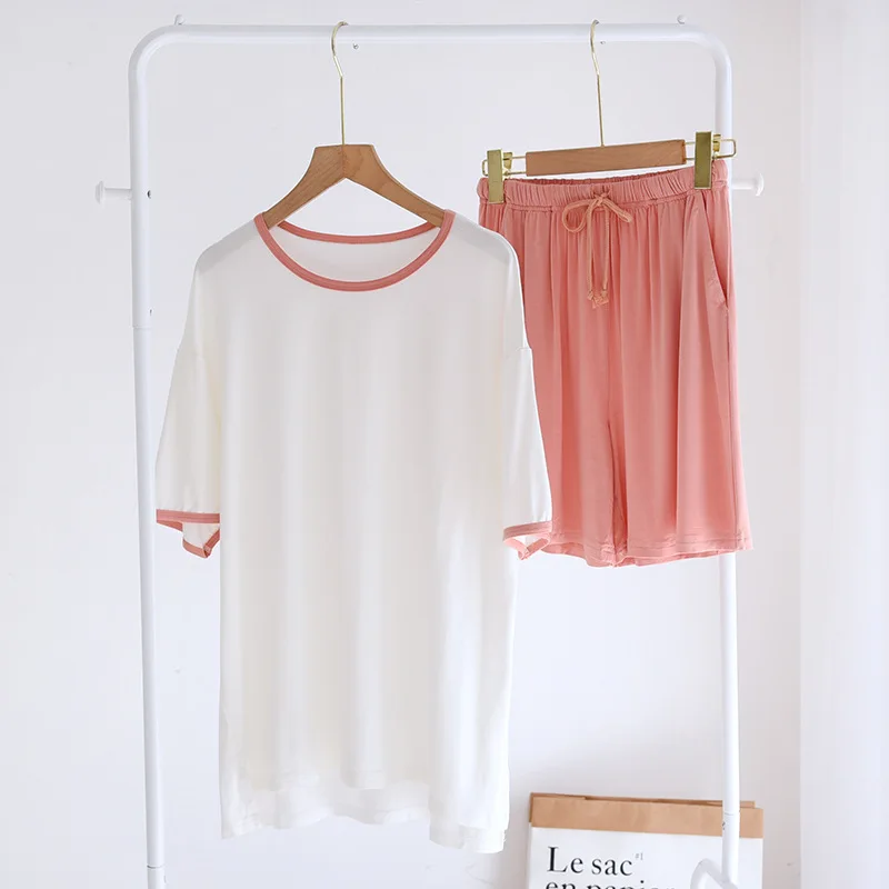 Contrasting Colors Modal HomeWear Women Summer Pullover Great Elasticity Thin Short Sleeve Shorts Loose Wear Out Bottoming Suit