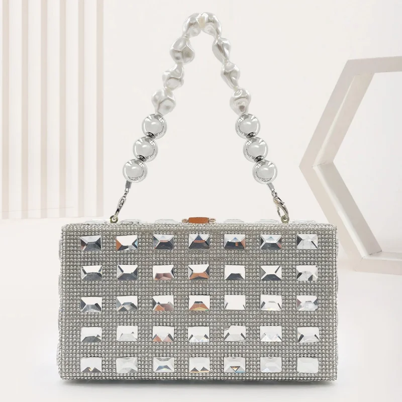 Ladies Handbags Clear Sweet Rhinestone Small Square Women's Banquet Pu Dinner Bag