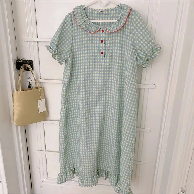 Yasuk Spring Summer Fashion Women's Casual Girl Print Plaid Lovely Pullover Sleepwear Pajamas Set With Skirt Nightdress