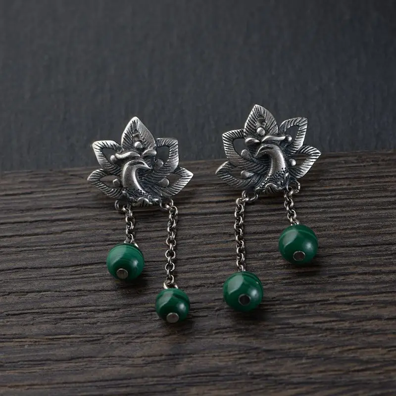 

FNJ 925 Silver Peacock Earrings for Women Jewelry Pure Original S925 Silver Sterling Drop Earring Red Zircon Green malachite