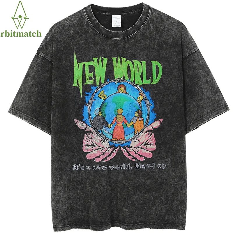 

Винтажная промытая футболка в стиле Харадзюку, забавная футболка с рисунком земли, 2022 Мужская хлопковая футболка с коротким рукавом в стиле...
