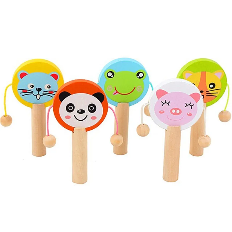 

1PC Preschool Early Educational Toys Kids Cartoon Wooden Rattle Drum Handle Clapping Castanets Board For Baby Musical Instrument