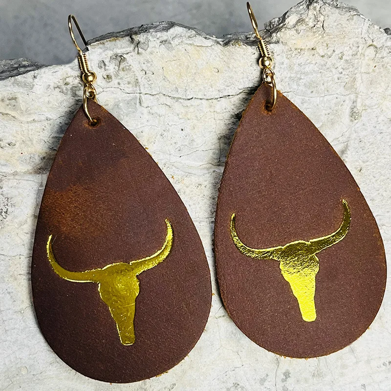 

Gold Stamped Cow Head Leather Water Drop Earrings High Quality Horse Leather Western Denim Ethnic Tribe Vintage Earrings