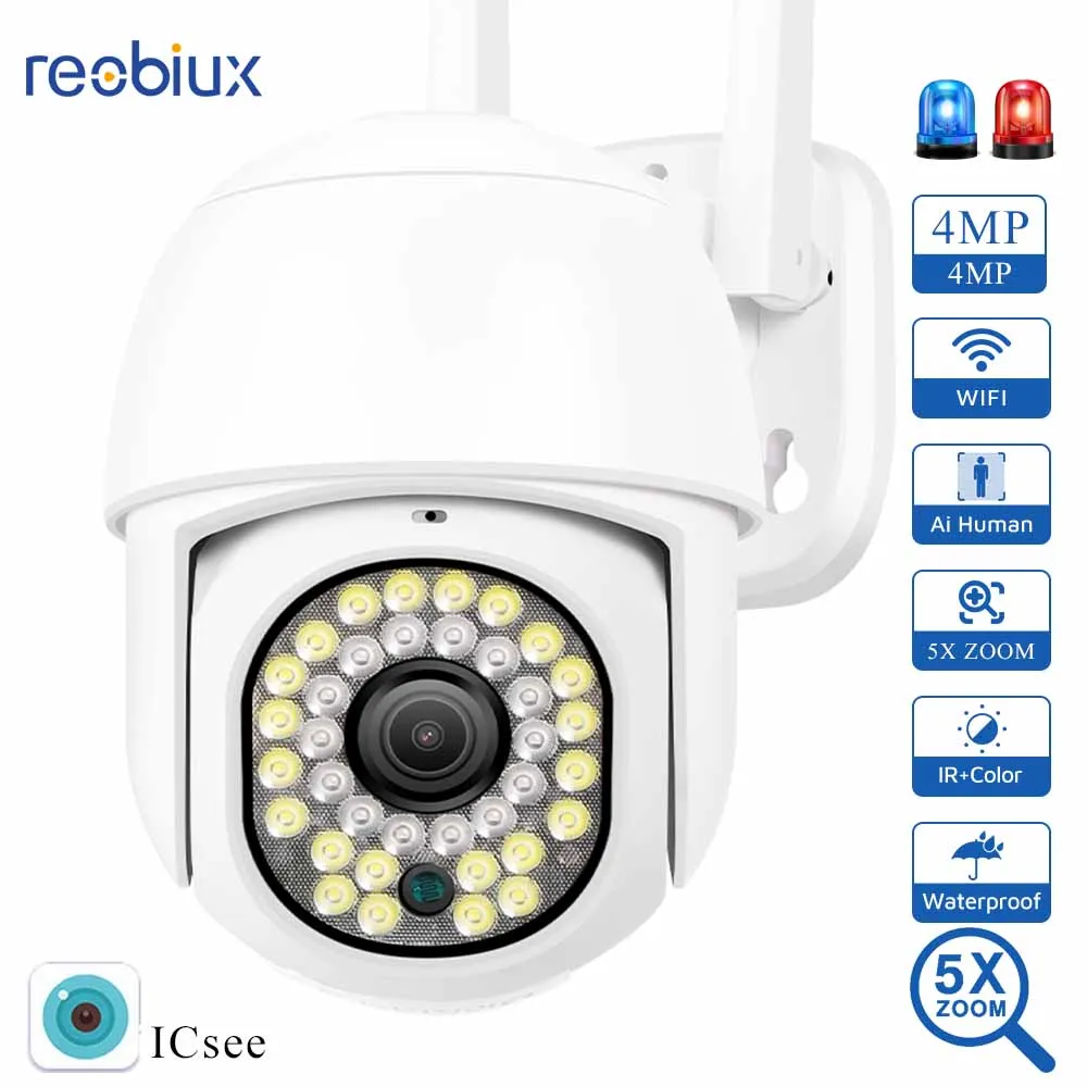 

Reobiux Wifi PTZ-камера 4MP IP-камера наружного видеонаблюдения IP66 водонепроницаемый ночной видением домашней камеры безопасности с шумовой сигнализацией