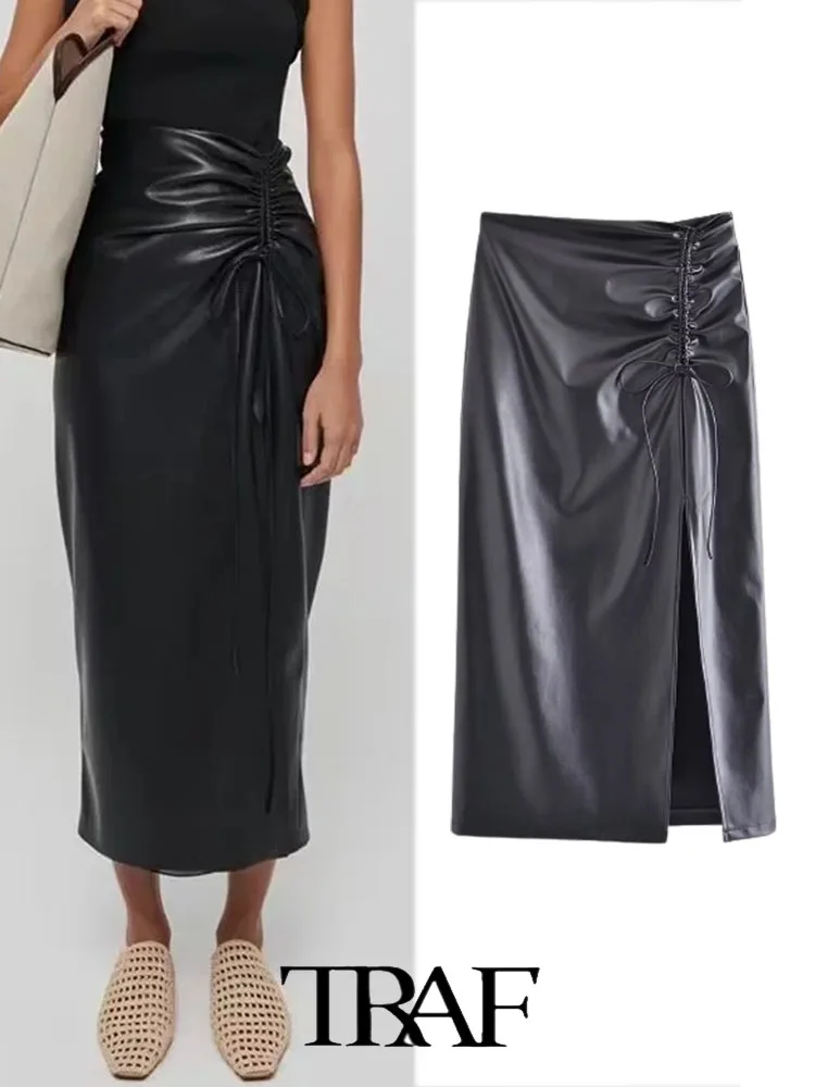 

TRAF 2022 Women Solid Color Leisure New Drawstring Crinkled PU Faux Leather Midi Skirt Woman Beach Summer Female Skirts