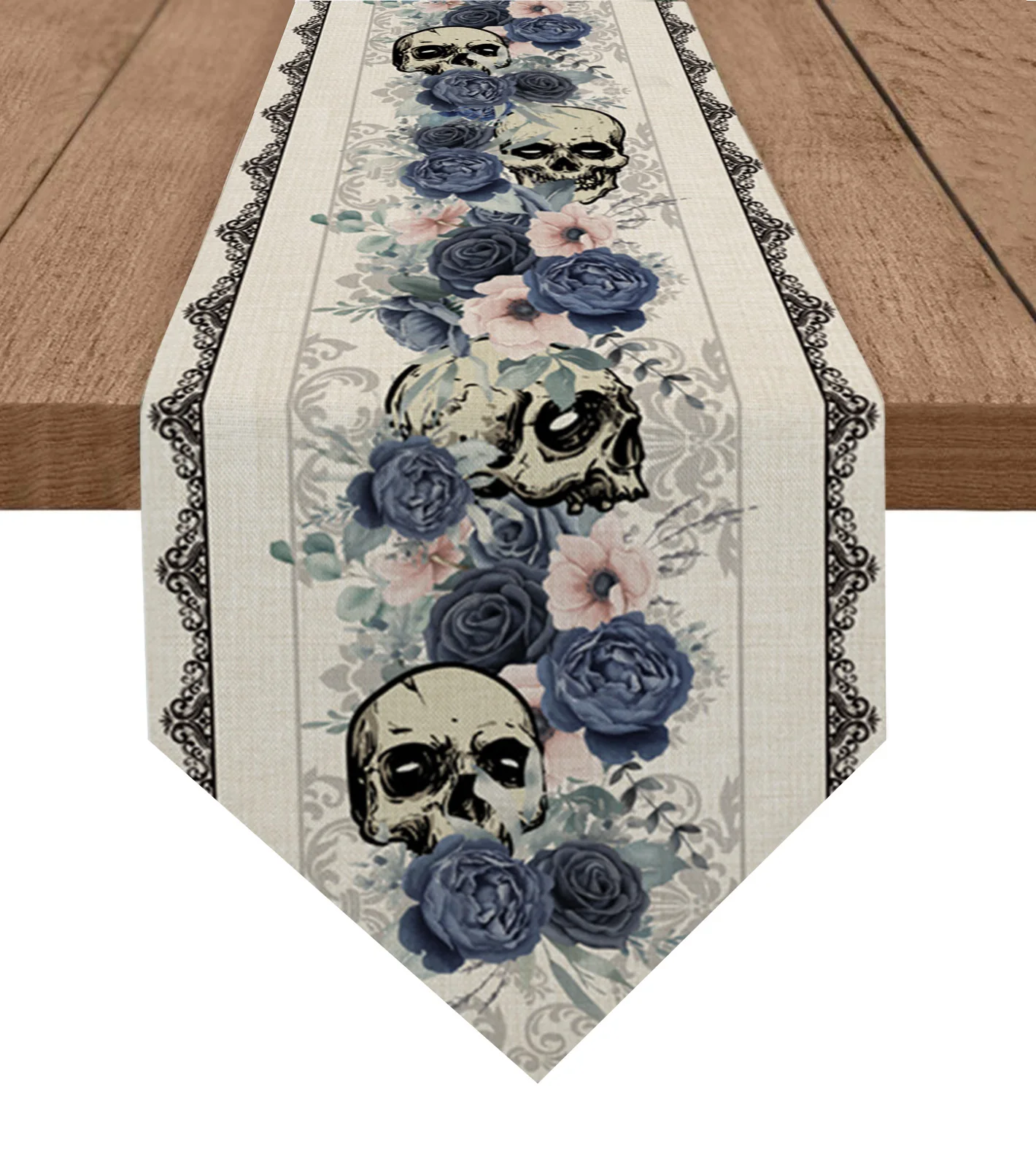 

Halloween Flower Skull Table Runner Wedding Holiday Party Decoration Tablecloth Summer Kitchen Dining Table Runner
