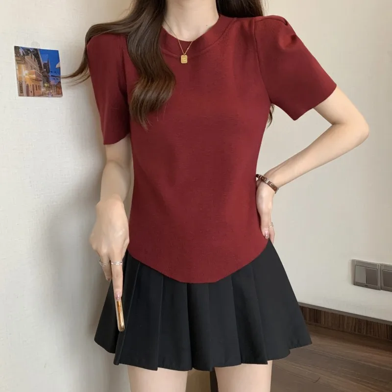 Вязаная Красная футболка из ледяного шелка с коротким рукавом для женщин на