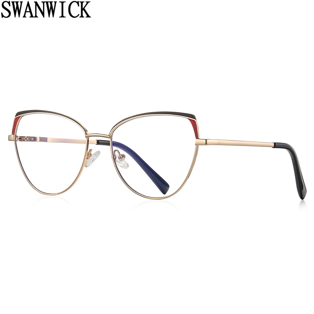 

Женские очки Swanwick с защитой от синего света, женские очки с прозрачными линзами, металлические оправы для очков «кошачий глаз», оптические черные, фиолетовые, высокое качество