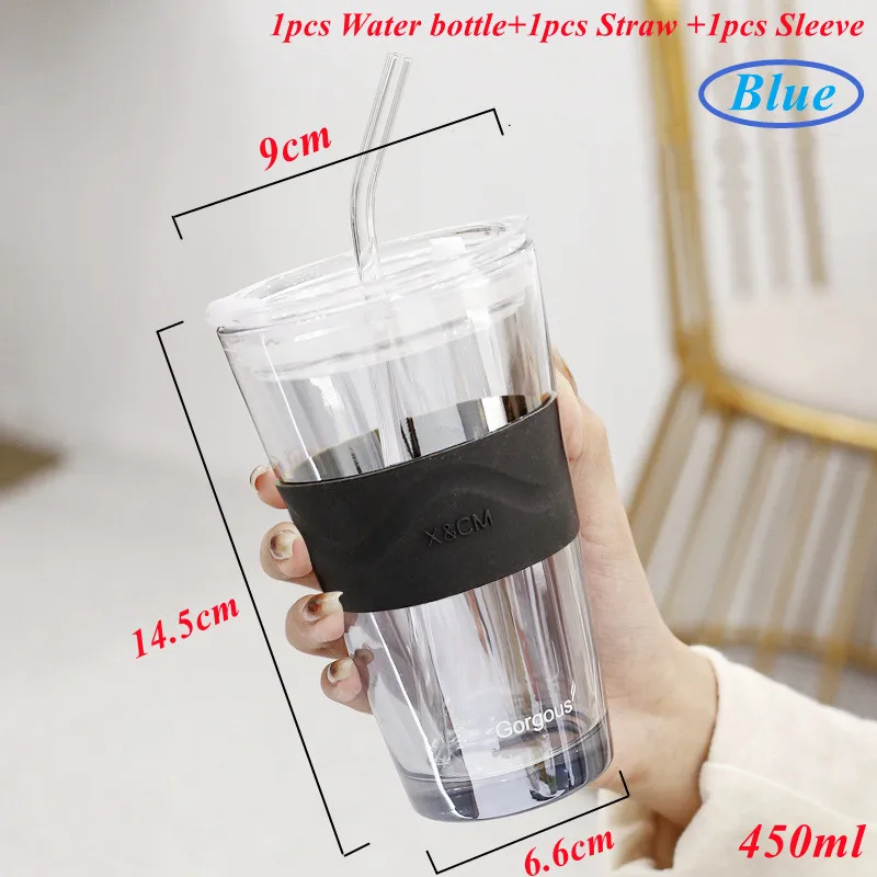 

450ml Lead Free Glass Mug with Cup Sleeve and Lid Straw Coffee Cup Juice Glass Cute Coffee Mugs Milk Cups Tea Cup Drinkware