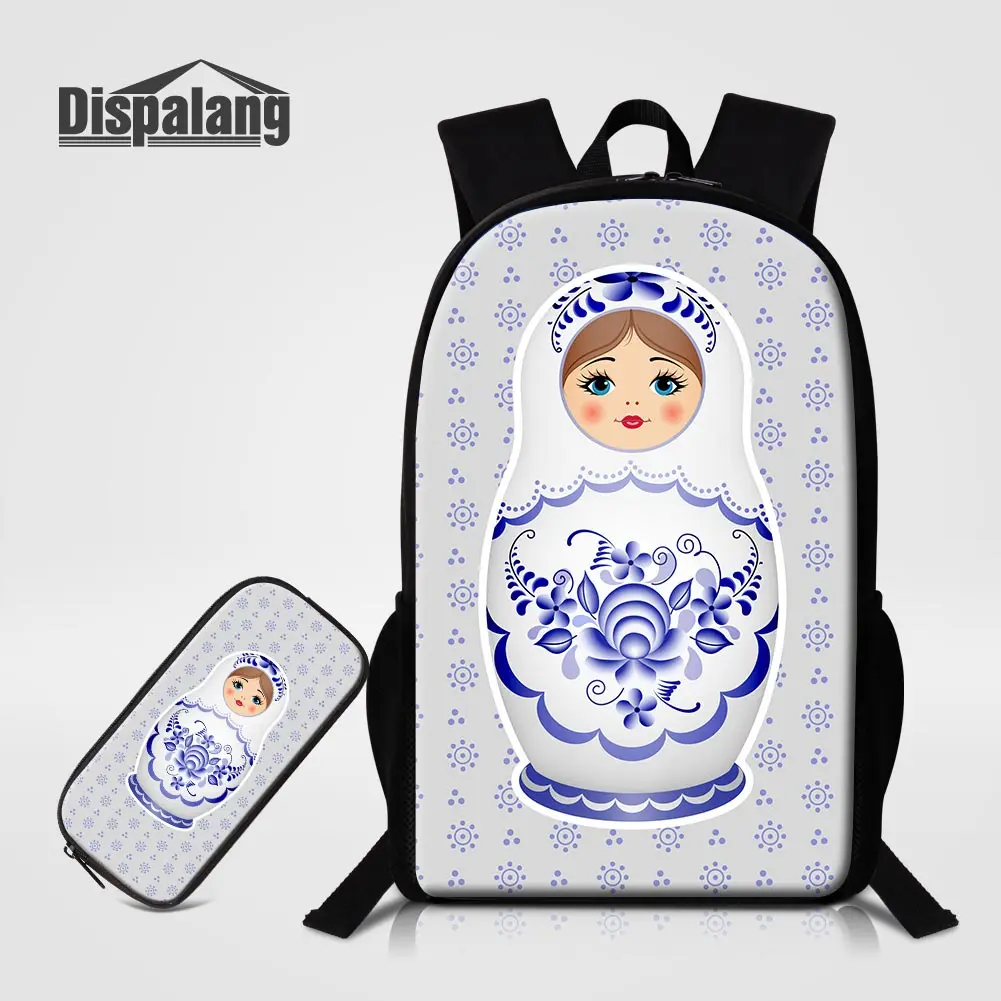 

Russian Doll Printing Backpack To School Fun Matryoshka Bookbag With Pen Case 2PCS Set Gift For Girls Logo Painting Schoolbag