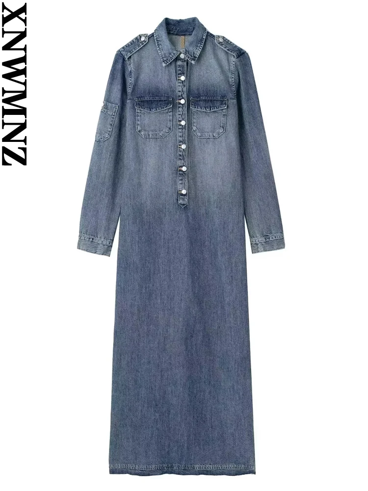 

XNWMNZ женское модное 2023 осень/зима джинсовое женское платье с длинным рукавом Передняя пуговица сзади разрез Универсальные женские миди платья