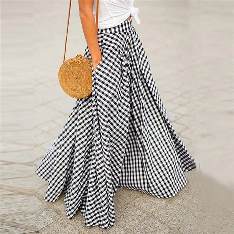 

2022 Summer Plaid Check Midi Skirt Vintage Party Pleated Skirts Women Casual Elastic Waist Swing Sundress Female Vestidos