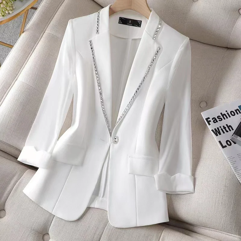Women's Blazer Diamond-Encrusted Summer Sunscreen Jacket White Suit Jacket Women Fashion Thin Blazer Jacket Women 4XL 2023 New