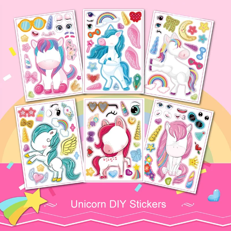 

6 Sheets/Set Cartoon Unicorn Make A Face Assemble DIY Sticker Children Handmade Creative Kawaii Stickers Decoration