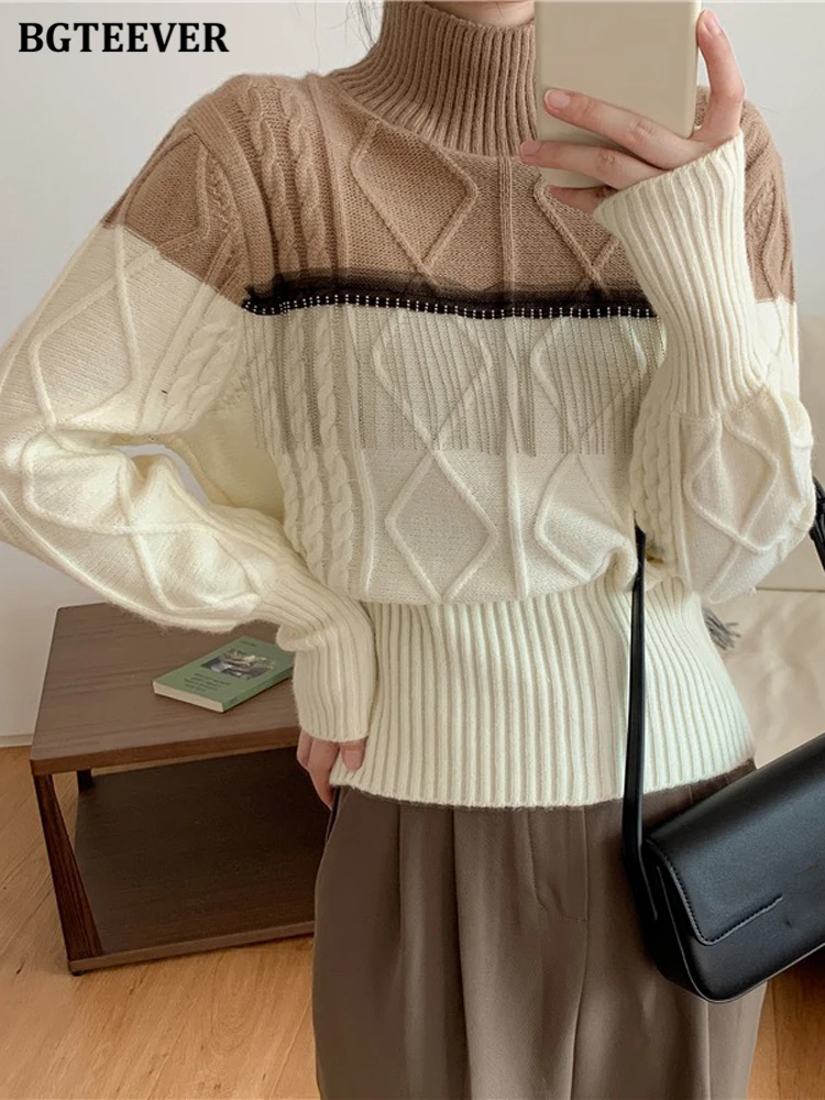 

BGTEEVER Casual Women Patchwork Knitted Pullovers Long Sleeve Ladies Turtleneck Sweaters Autumn Winter Female Knitwear Tops