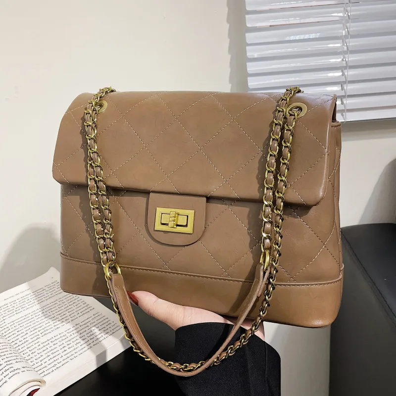 

Women's Chain Plaid Handbags Quilted Leather Messenger Bag Rhombus Lattice Crossbody Bag Female All Match Trending Shoulder Bag