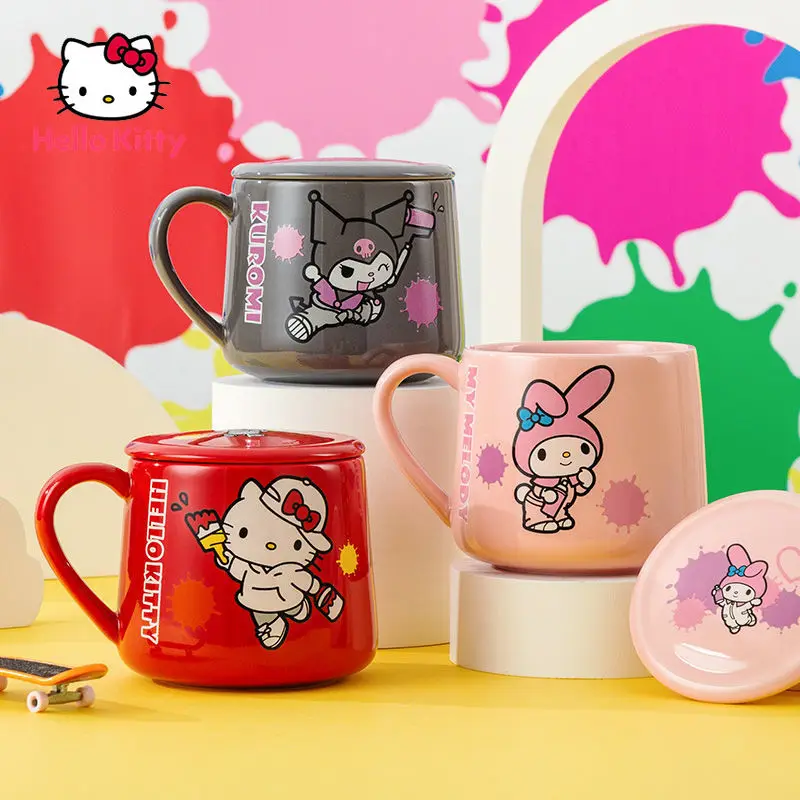 

HelloKitty Graffiti Mug with Lid Office Coffee Cup Men and Women Couples Household Ceramic Drinking Cup Cartoon Decoration