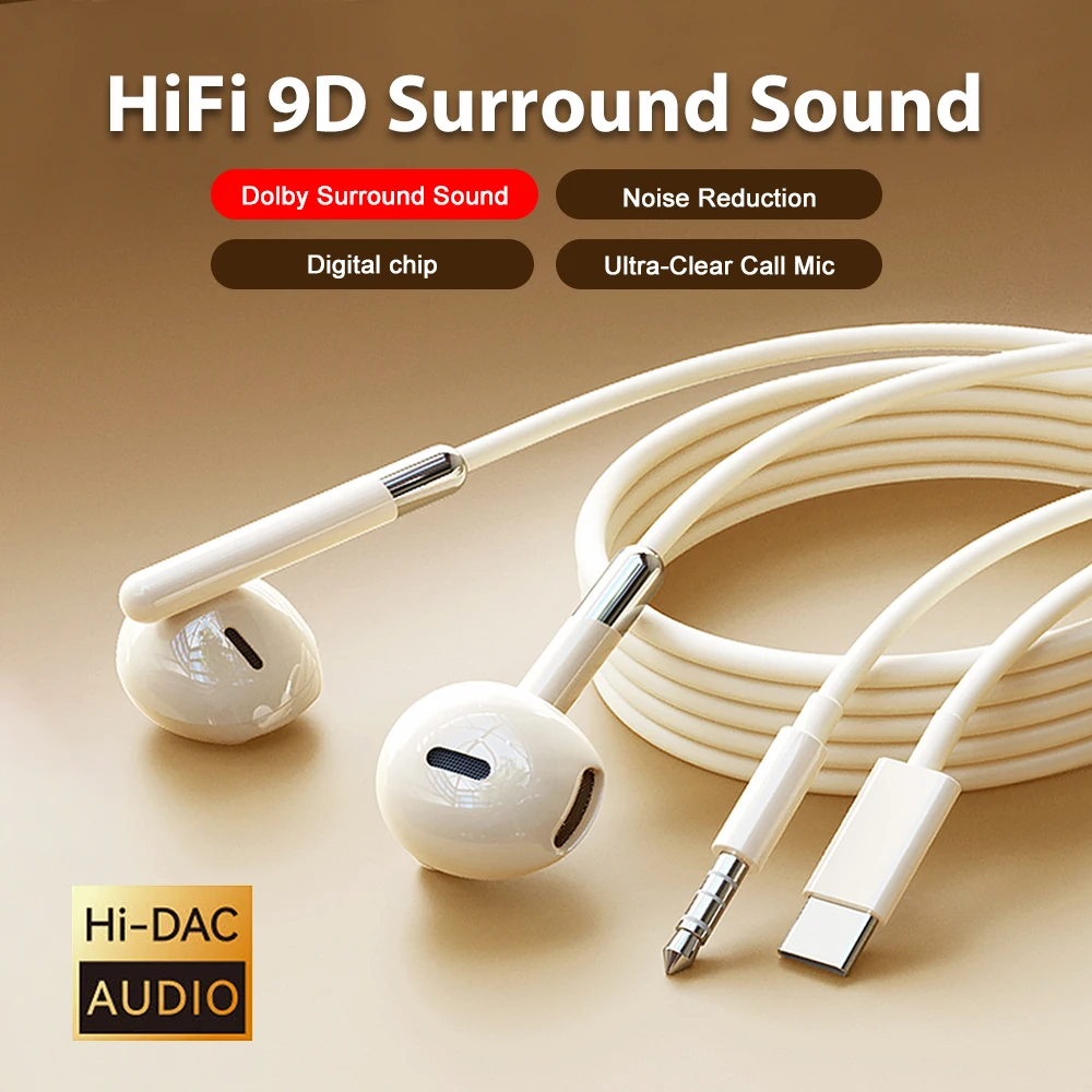 Фото Проводные наушники типа C, Hi-Fi стерео объемный звук, 3,5 мм, наушники USB C, музыкальная гарнитура для Samsung Galaxy S24 S23 S22 iPhone 16 №1