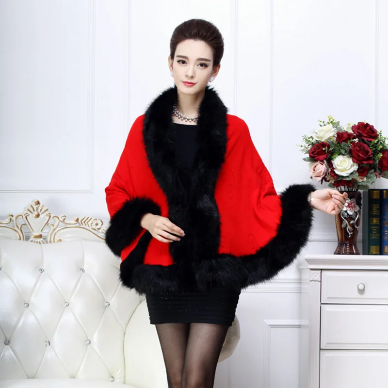 

Fashion loose plus size wool coat women fur cape knitted cape cardigan