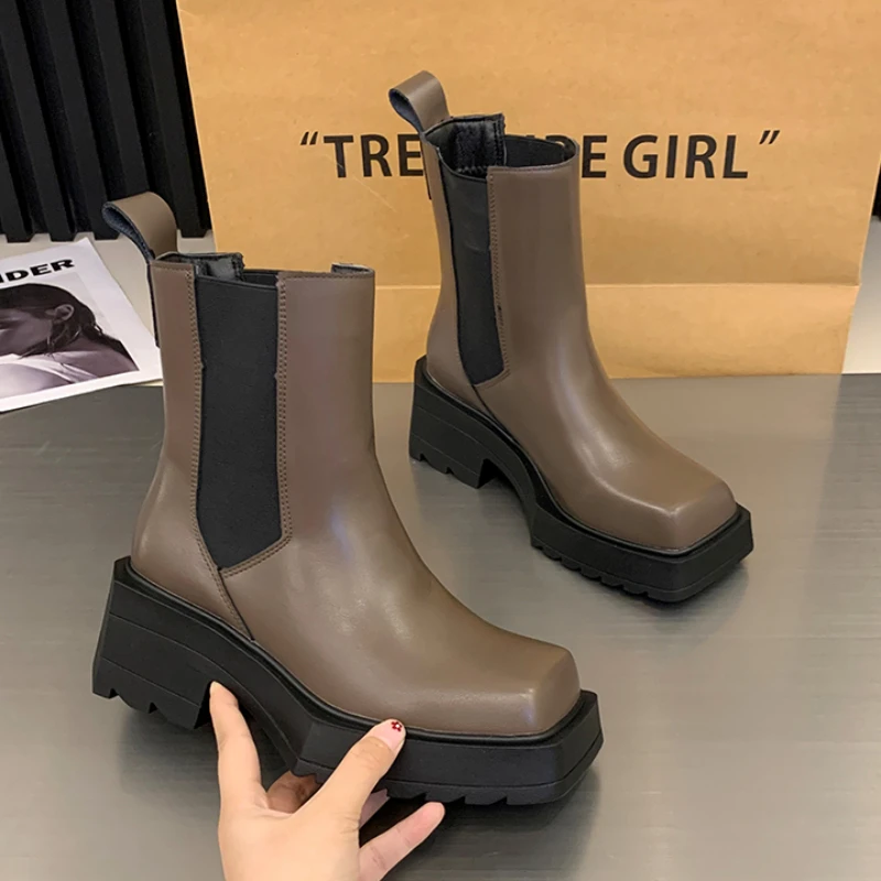 

Sexy Women High Heels Shoes Platform Chunky Chelsea Boots 2024 New Winter Fashion Punk Square Toe Ankle Pumps Motorcycle Boots