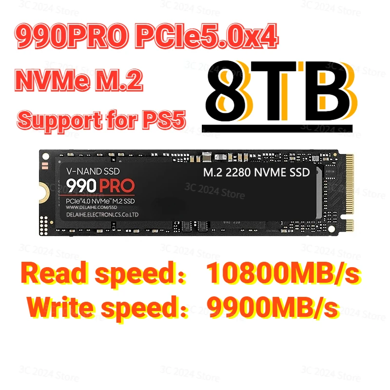 

990PRO 10800MB/s M.2 SSD 1TB 2TB 4TB PCIe 5.0x4 M2 NVMe 2.0 Disk Dram Cache Internal Solid State Drive for PS5 Desktop PC