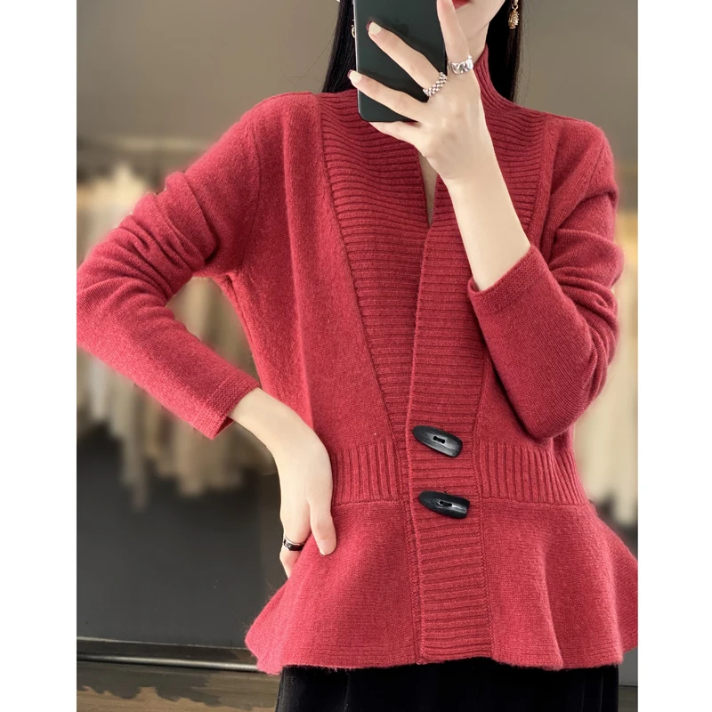 

Fashion 2023 Spring Women Cardigans 100% Pure Wool Knitted V-Neck Female High Quality Standard Woolen Coats
