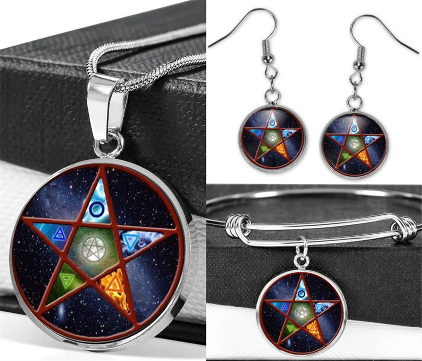 

Pentagram Necklace Earrings Stainless Steel Adjustable Bracelet Bangle Jewelry Sets（Totally 4Pcs) Wiccan Witchcraft Pentacle