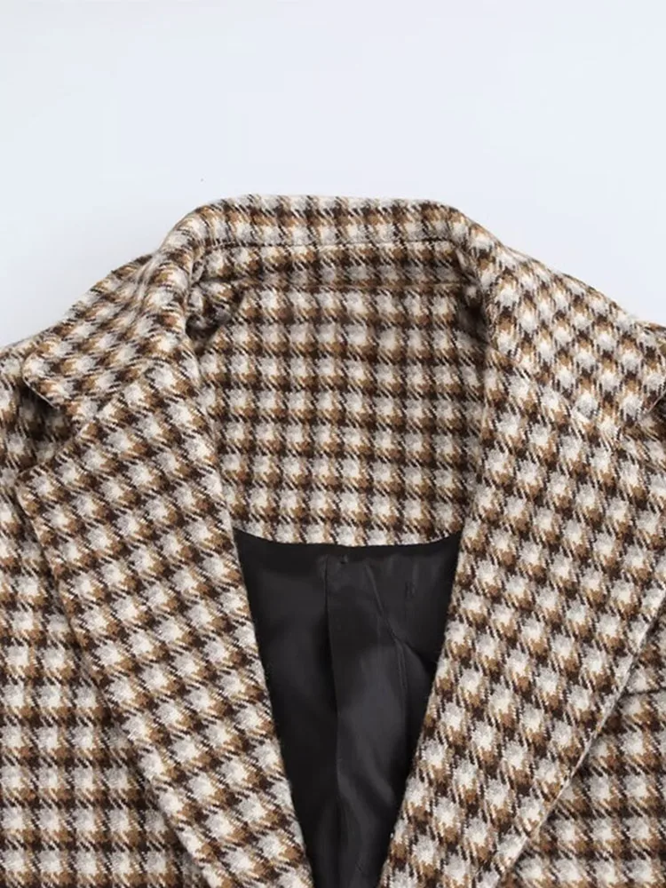 Шерстяные пальто в клетку с отложным воротником стиле ретро женские элегантные