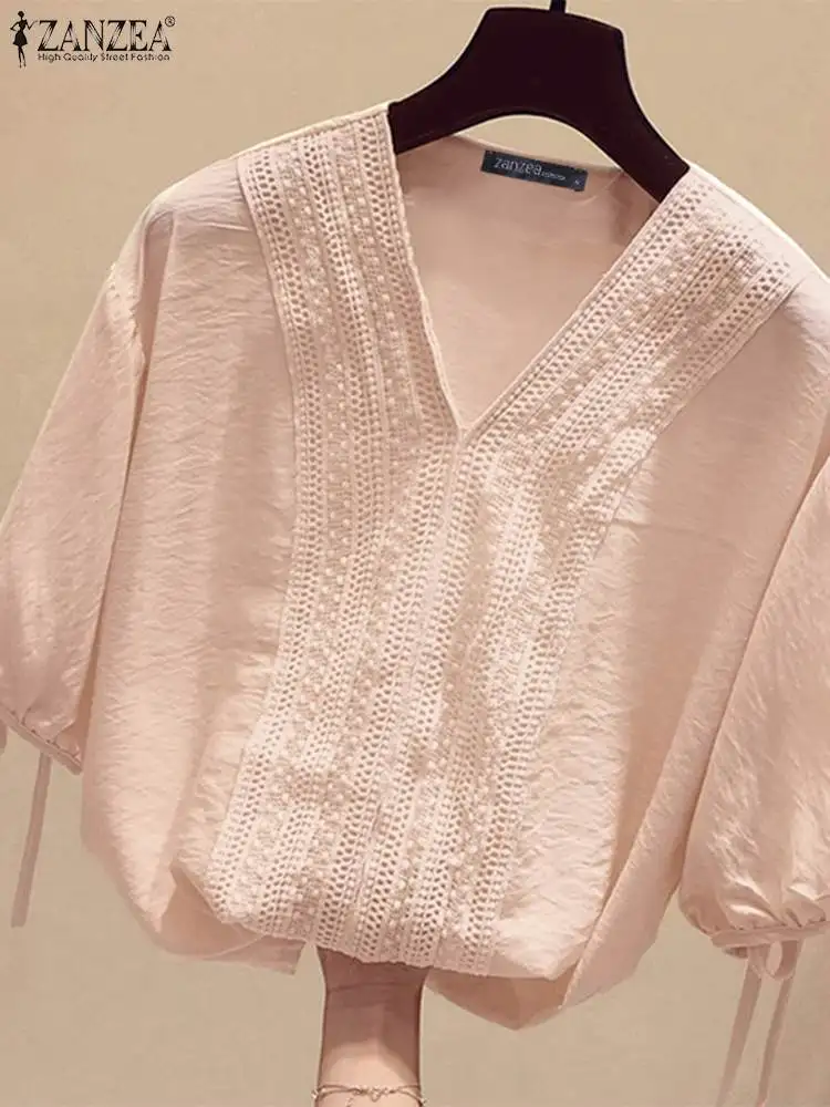 Блузка ZANZEA женская летняя однотонная с полурукавами и манжетами