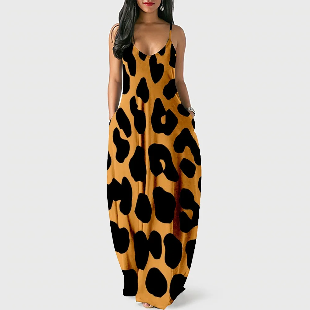 

Spring Summer Women Maxi Casual Dresses Loose Long Sling Leopard Dresses Sexy Print High Split Beach Holiday Halter Dress 2022