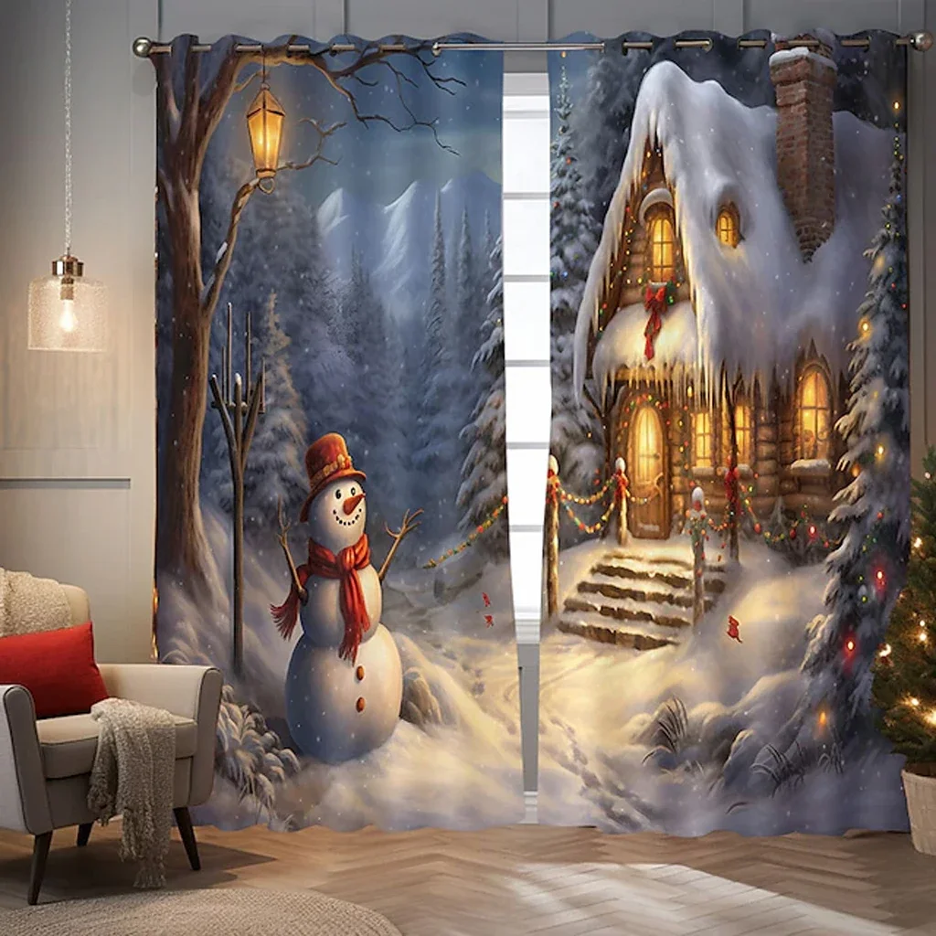 Dreamy Winter Landscape Curtains Christmas Snow Deer Print Drapes Holiday Living Room Bedroom Decor 2 Panels Set