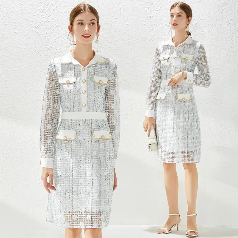 

Autumn New Knee Length Office Lady Dresses Singgle Breasted Howllow Out Lace Patchwork Bodycon High Waist Breathable Vestidos