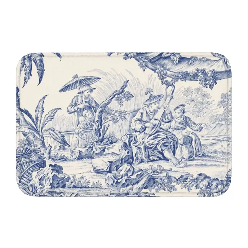 Navy Blue Motif Toile De Jouy Doormat Non-Slip Kitchen Bath Mat Garden Door Floor Entrance Carpet Rug Living Room Footpad