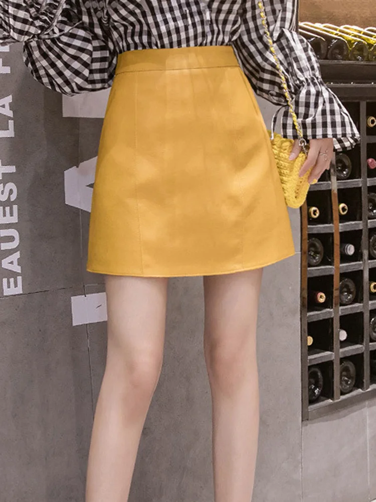 Solid Color Elastic Clubwear Women Pencil Skirt Leather Miniskirt Fashion Short Wholesale Spring Casual Black Yellow Punk Girls