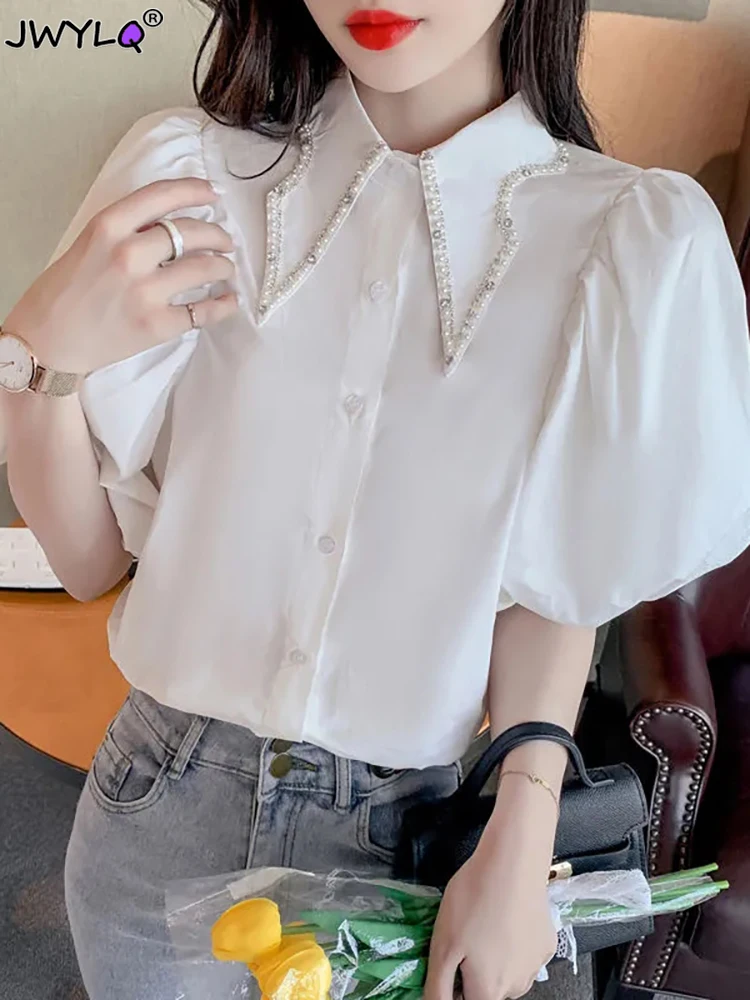 

Женская рубашка с буффами на пуговицах, Элегантная блузка большого размера с воротником-стойкой и рукавами-фонариками, лето 2023
